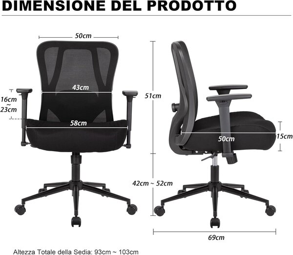 Sedia ergonomica da ufficio - Sedia da ufficio - Sedia da lavoro - Arredamento per ufficio - Sedia girevole - Altezza regolabile