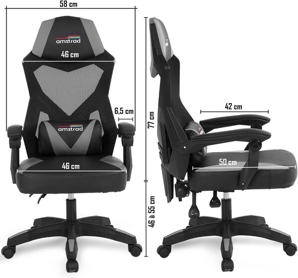 Sedia da gaming ergonomica, sedia da ufficio, bianca e nera, realizzata in rete traspirante, con schienale regolabile fino a 135 gradi