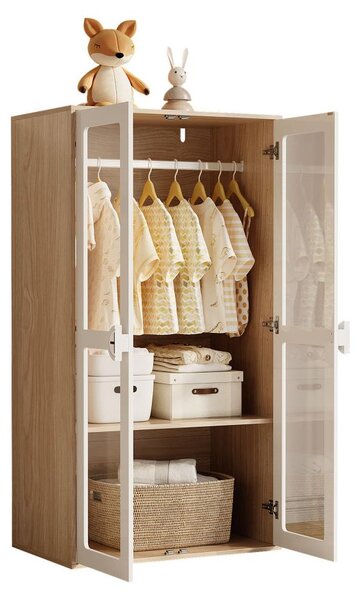 Armadio per bambini 80x50x150 cm - Bianco e color legno - Con porta in vetro e barra appendiabiti