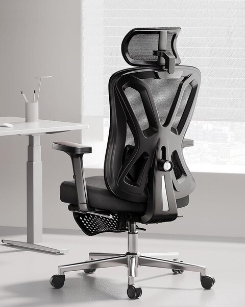 P5: Sedia da ufficio ergonomica con poggiatesta e supporto lombare regolabili, cuscino confortevole, supporto per computer, funzione di inclinazione, girevole, realizzata in rete