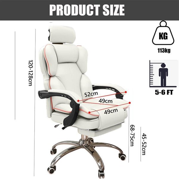 Sedia da ufficio bianca grande - Sedia da ufficio ergonomica - Sedia per computer - Sedia da gaming - Sedia da ufficio con poggiapiedi