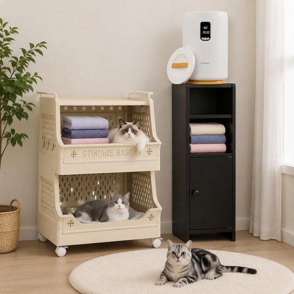 Set di mobili da bagno riscaldati (3 pezzi) – Mobile stretto, scaldasalviette e carrello portabiancheria con rotelle