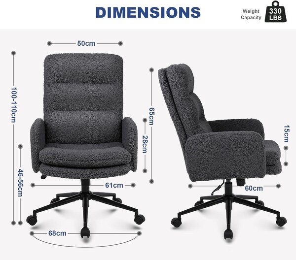 Sedia da ufficio - Sedia per computer - Sedia da scrivania - Sedia da gaming - Poltrona - Rivestimento in cashmere - Altezza regolabile