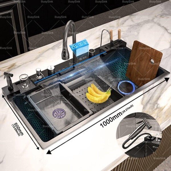 Rubinetto da cucina con erogatore a cascata, monocomando, in acciaio inossidabile, con display digitale, adatto per lavelli di grandi dimensioni