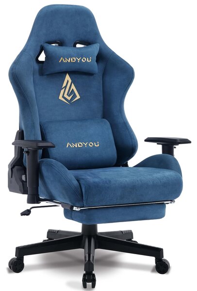 Sedia da gaming ergonomica con braccioli regolabili e poggiapiedi, rivestita in elegante blu