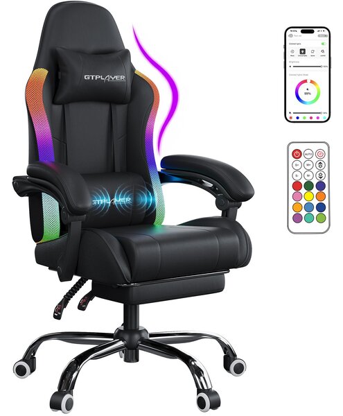 Sedia da gaming GTPLAYER, sedia da ufficio, poltrona da gaming con barra luminosa LED e funzione di massaggio, sedia da gamer, sedia ergonomica per PC con telecomando, colore nero