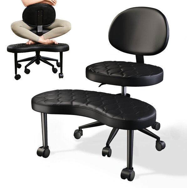 Sedia girevole, sedia da ufficio con base a croce, sedia ergonomica con supporto per le ginocchia, girevole a 360°, nera, in con motivo a quadri