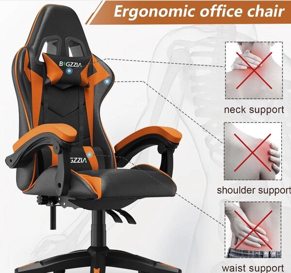 Sedia da gaming - Sedia ergonomica da computer in ecopelle con poggiatesta e supporto lombare - Nera