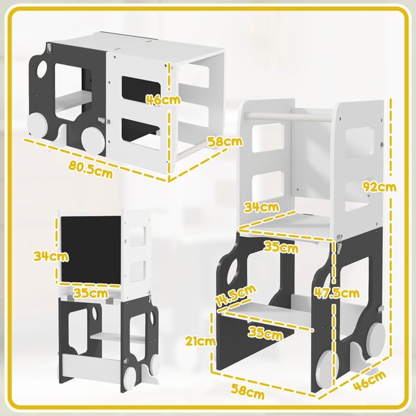 AIYAPLAY Scala Montessori 4 in 1 per Bambini con 2 Lavagne e Set Tavolo e Sedia, in Legno, 58x46x92 cm, Bianco | Aosom Italy