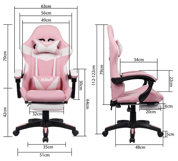 Sedia da gaming ergonomica, color rosa, con poggiapiedi estensibile e supporto lombare