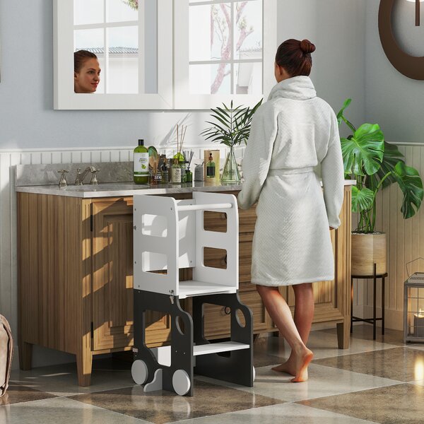 Scala Montessori 4 in 1 con Lavagna e Set Tavolo Sedie Legno Bianco 58x46x92cm