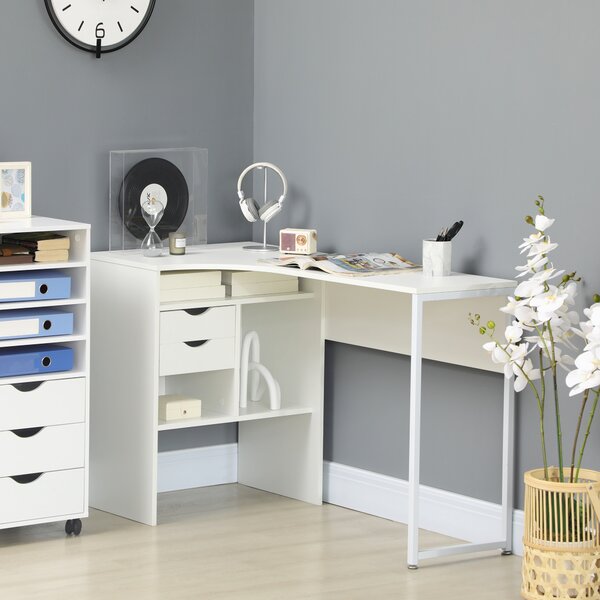 HOMCOM Scrivania angolare con 2 cassetti e 3 scomparti aperti, 120 x 60 x 74 cm, Bianco | Aosom Italy