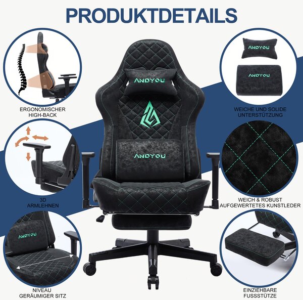 Sedia da gaming ergonomica, realizzata in ecopelle traspirante, con schienale e braccioli regolabili