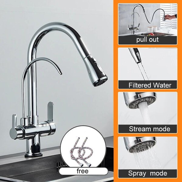 Rubinetto da cucina - Bocca estraibile - Due maniglie - Acqua calda e fredda - Cromato