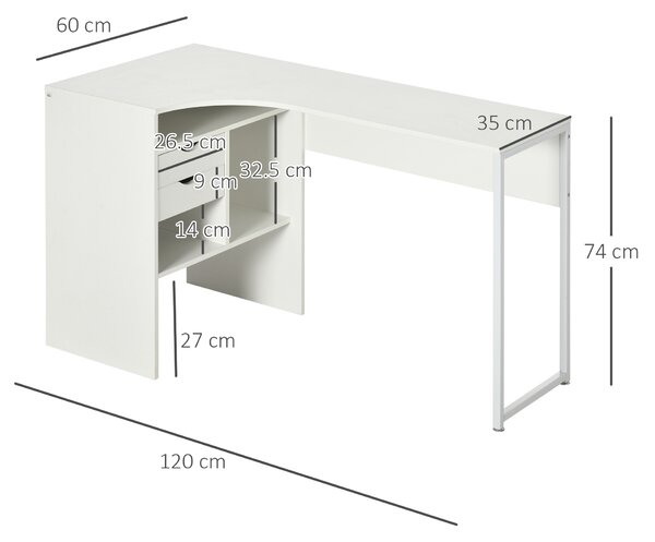 HOMCOM Scrivania angolare con 2 cassetti e 3 scomparti aperti, 120 x 60 x 74 cm, Bianco | Aosom Italy