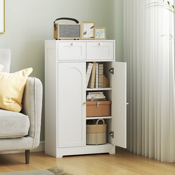 HOMCOM Armadio Bagno Stretto con 2 Cassetti Ripiano Aperto e Porta con Pannello Arcuato 60x30x108 cm Bianco Venato | Aosom Italy