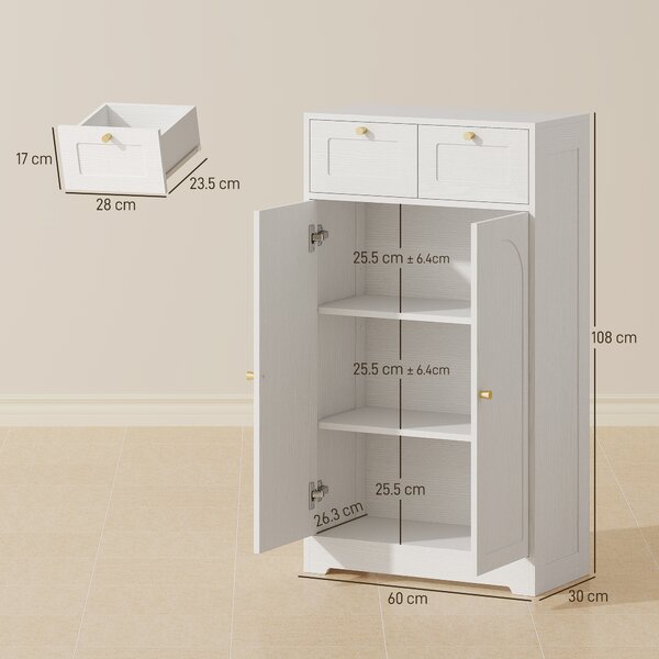 HOMCOM Armadio Bagno Stretto con 2 Cassetti Ripiano Aperto e Porta con Pannello Arcuato 60x30x108 cm Bianco Venato | Aosom Italy