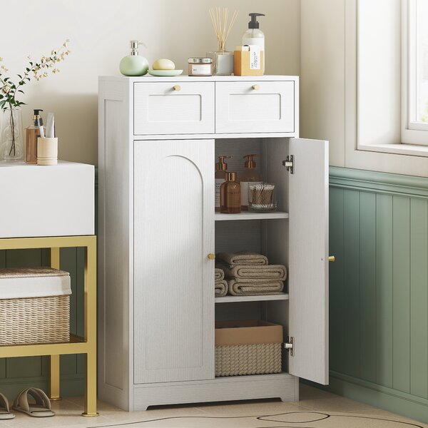 HOMCOM Armadio Bagno Stretto con 2 Cassetti Ripiano Aperto e Porta con Pannello Arcuato 60x30x108 cm Bianco Venato | Aosom Italy