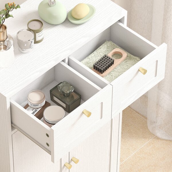 HOMCOM Armadio Bagno Stretto con 2 Cassetti Ripiano Aperto e Porta con Pannello Arcuato 60x30x108 cm Bianco Venato | Aosom Italy