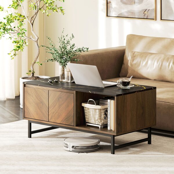 HOMCOM Tavolino salotto con piano effetto marmo, 2 ante e 2 nicchie aperte, 100 x 50,8 x 45,7 cm, Noce | Aosom Italy
