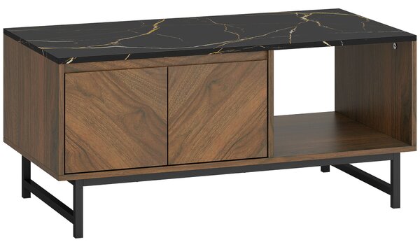 HOMCOM Tavolino salotto con piano effetto marmo, 2 ante e 2 nicchie aperte, 100 x 50,8 x 45,7 cm, Noce | Aosom Italy