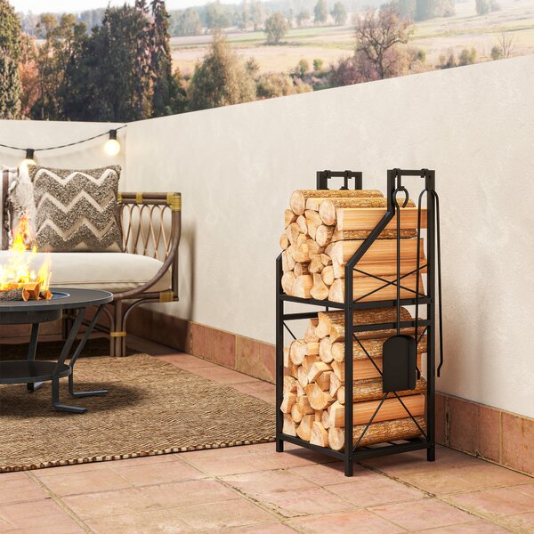 Outsunny Portalegna in Metallo a 2 Livelli con 4 Ganci per Attrezzi 34x30x80 cm Nero | Aosom Italy