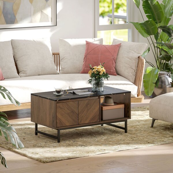 HOMCOM Tavolino salotto con piano effetto marmo, 2 ante e 2 nicchie aperte, 100 x 50,8 x 45,7 cm, Noce | Aosom Italy