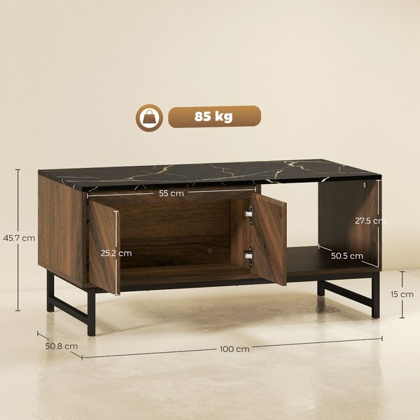 HOMCOM Tavolino salotto con piano effetto marmo, 2 ante e 2 nicchie aperte, 100 x 50,8 x 45,7 cm, Noce | Aosom Italy
