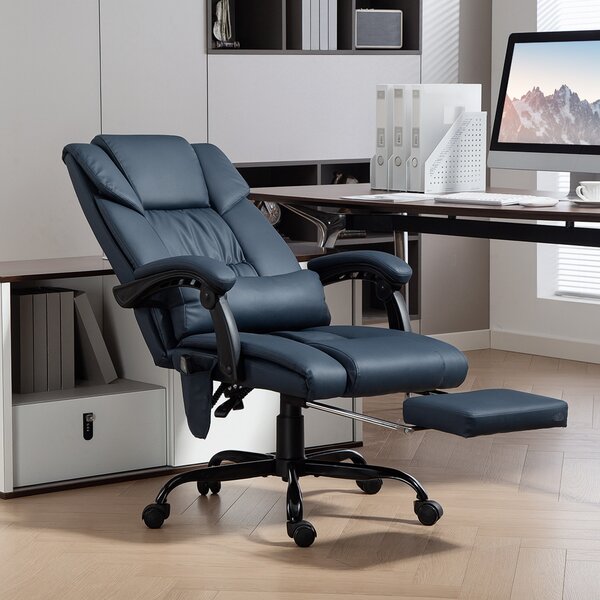 Vinsetto Poltrona da ufficio massaggiante, con poggiapiedi, altezza regolabile, schienale reclinabile e telecomando, 66x75x122cm, Blu | Aosom Italy