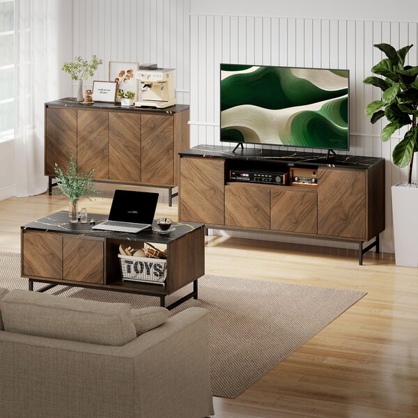 HOMCOM Tavolino salotto con piano effetto marmo, 2 ante e 2 nicchie aperte, 100 x 50,8 x 45,7 cm, Noce | Aosom Italy
