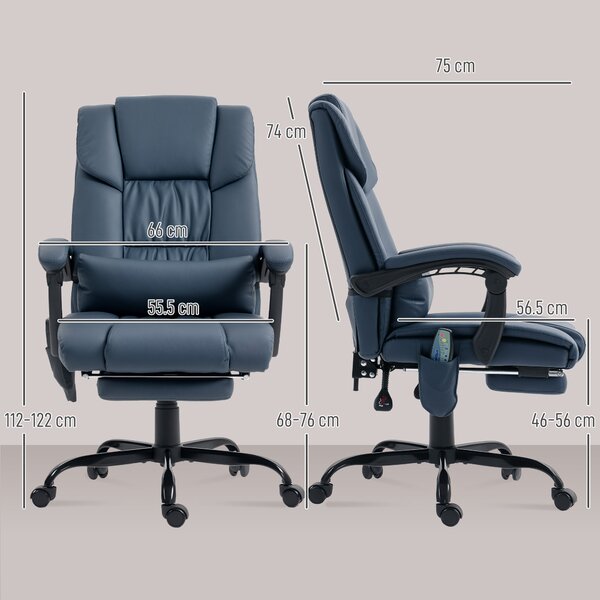 Vinsetto Poltrona da ufficio massaggiante, con poggiapiedi, altezza regolabile, schienale reclinabile e telecomando, 66x75x122cm, Blu | Aosom Italy