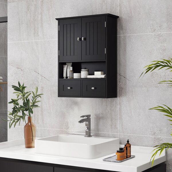 Kleankin Armadio da Bagno da Parete con 2 Ante e 2 Cassetti 50,8x17,8x66 cm Nero | Aosom Italy