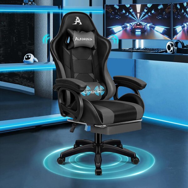 Sedia da gaming grigia con funzione massaggio, poggiapiedi e supporto lombare, sedia ergonomica da ufficio
