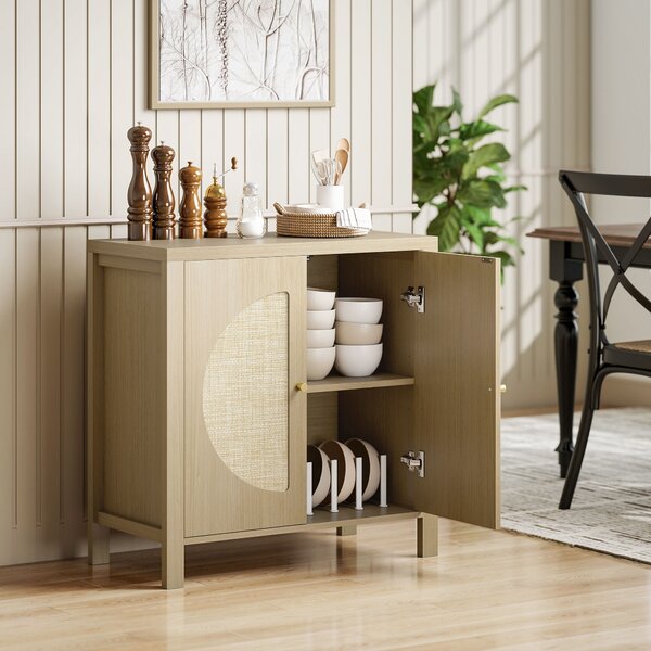HOMCOM Credenza da Cucina con 2 Porte in Rattan Scaffale Regolabile e 2 Maniglie 75x38x77 cm Legno Naturale | Aosom Italy