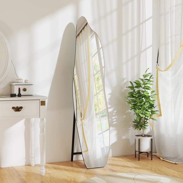 HOMCOM Specchio da Terra a Figura Intera senza Cornice con Forma Irregolare e Supporto 40x4x160 cm Nero e Argento | Aosom Italy