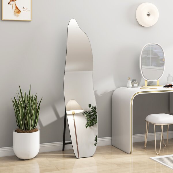 HOMCOM Specchio da Terra a Figura Intera senza Cornice con Forma Irregolare e Supporto 40x4x160 cm Nero e Argento | Aosom Italy