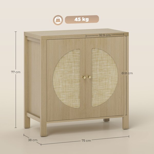 HOMCOM Credenza da Cucina con 2 Porte in Rattan Scaffale Regolabile e 2 Maniglie 75x38x77 cm Legno Naturale | Aosom Italy