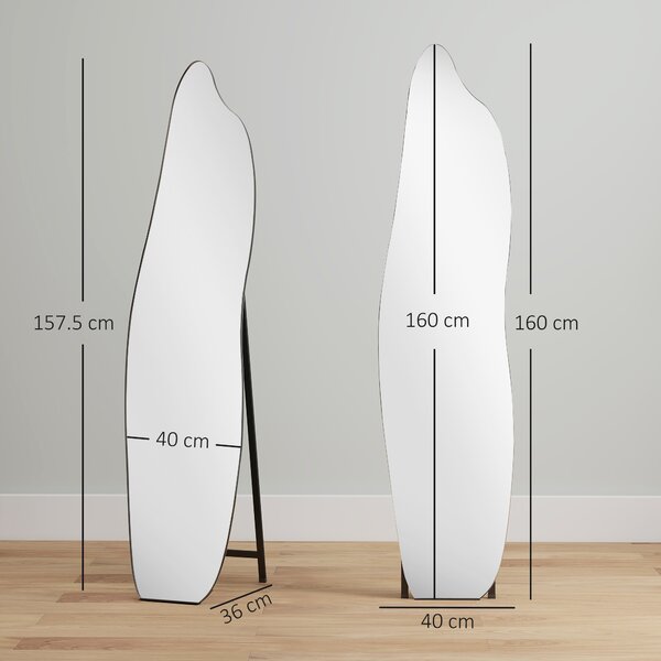 HOMCOM Specchio da Terra a Figura Intera senza Cornice con Forma Irregolare e Supporto 40x4x160 cm Nero e Argento | Aosom Italy