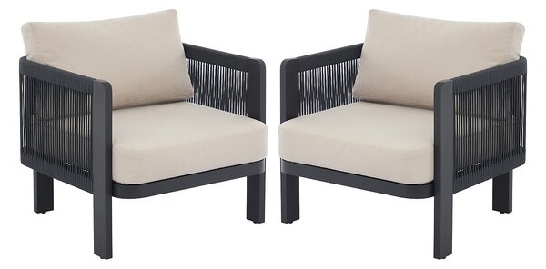 Poltrona da giardino in alluminio e corda Nero con cuscini beige - Lotto di 2 - HELYSI di MYLIA