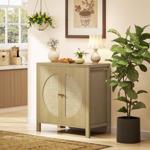 HOMCOM Credenza da Cucina con 2 Porte in Rattan Scaffale Regolabile e 2 Maniglie 75x38x77 cm Legno Naturale | Aosom Italy