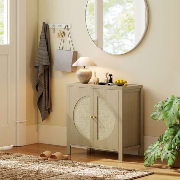 HOMCOM Credenza da Cucina con 2 Porte in Rattan Scaffale Regolabile e 2 Maniglie 75x38x77 cm Legno Naturale | Aosom Italy