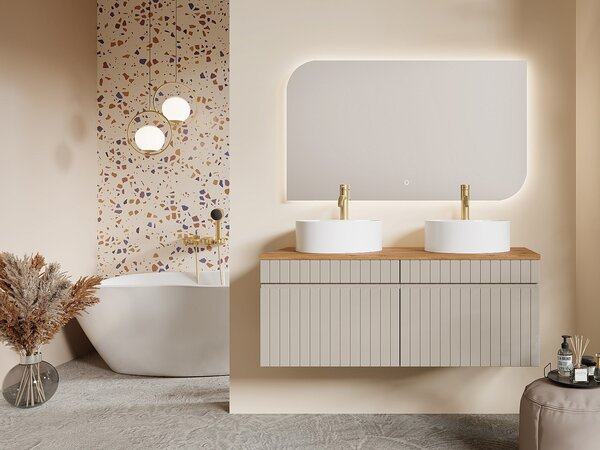 Mobile bagno sospeso scanalato beige con lavabo da appoggio rotondo 120 cm - SATARA