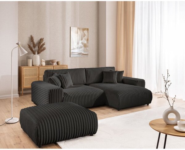 Divano angolare con penisola a destra grigio scuro e rivestimento in velluto a coste allungabile e con contenitore Sarina – Ropez