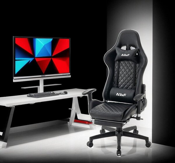 Sedia da gaming - Rivestita in ecopelle - Altezza regolabile - Poggiapiedi estraibile - Ergonomica - Nera