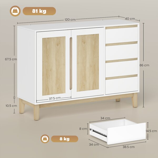 HOMCOM Credenza con 2 porte e 4 cassetti, con scaffale regolabile, 120 x 40 x 86 cm, Bianco e rovere | Aosom Italy