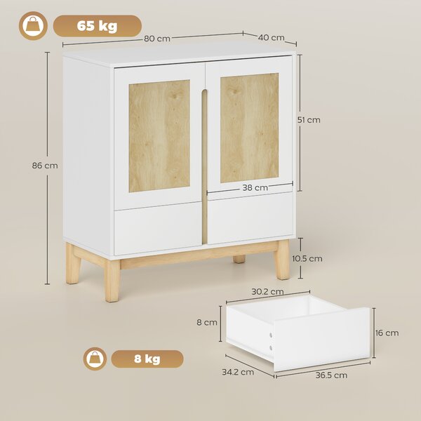 HOMCOM Credenza con 2 porte, 2 cassetti e ripiano regolabile, 80 x 40 x 86 cm, Bianco e rovere | Aosom Italy