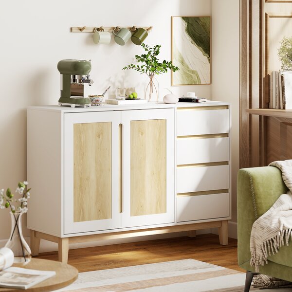 HOMCOM Credenza con 2 porte e 4 cassetti, con scaffale regolabile, 120 x 40 x 86 cm, Bianco e rovere | Aosom Italy