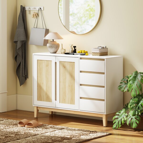 HOMCOM Credenza con 2 porte e 4 cassetti, con scaffale regolabile, 120 x 40 x 86 cm, Bianco e rovere | Aosom Italy