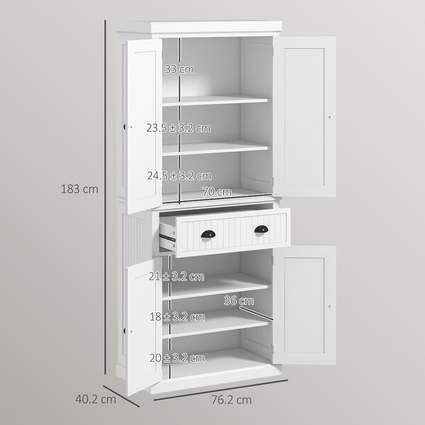 HOMCOM Credenza da cucina alta, con ripiani regolabili, 4 porte, grande cassetto, 76,2 x 40,2 x 183 cm Bianco | Aosom Italy