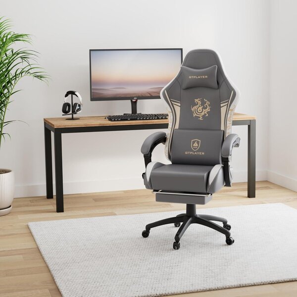 Sedia da gaming - Sedia da ufficio - Sedia per videogiochi - Sedia per computer - Sedia grigia - Altoparlanti surround Bluetooth
